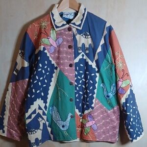 Silver Stream Patchwork Art-to-Wear Jacket, Animal Motif, Button Front, Pockets